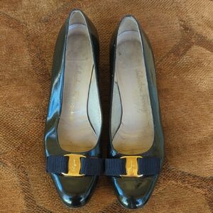 Salvatore Ferragamo Black Patent Leather Vara Bow Flats with Gold Accent
